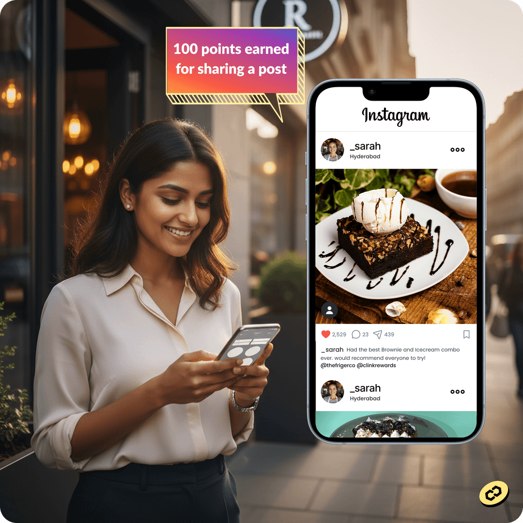Instagram post mockup showing customer engagement and rewards